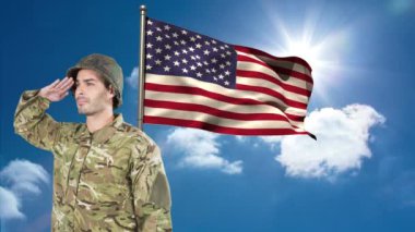 Amerikan askerinin karşı Amerikan bayrağını selamlayan dijital animasyon. Gökyüzü ve bulut karşı Amerikan bayrak sallanan 
