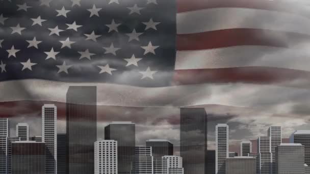 街のスカイライン 暗い雲の後ろに揺れると雷の空で印象的なアメリカ国旗のデジタル アニメーション — ストック動画