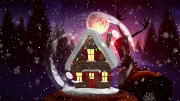 Jolie Animation Noël Cabane Rennes Dans Forêt Magique Les Flocons — Video