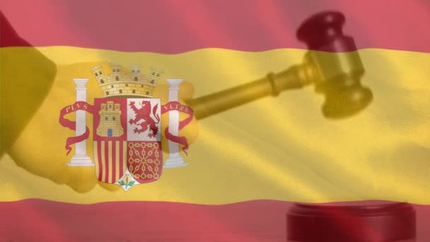 Animación Digital España Bandera Mazo Jueces Martillo Golpeando Contra Bandera — Vídeo de stock