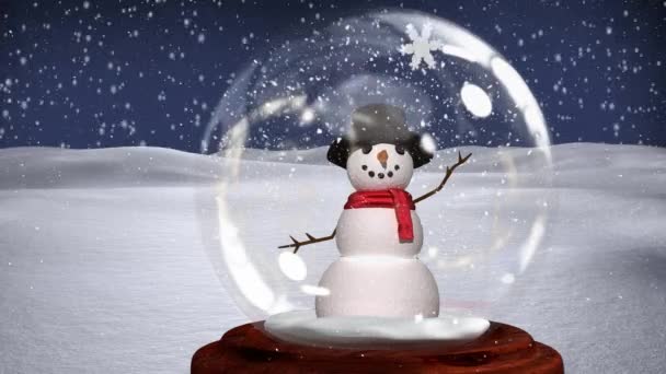 Niedliche Weihnachtsanimation Des Schneemanns Schneekugel Schnee Fällt Gegen Schneeflocken — Stockvideo