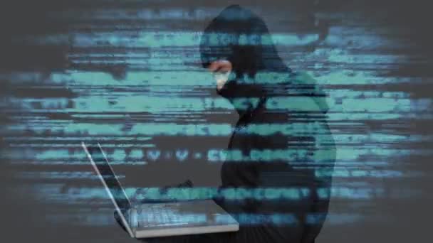 Animasi Digital Hacker Menggunakan Laptop Pusat Data Kode Teknologi Biner — Stok Video