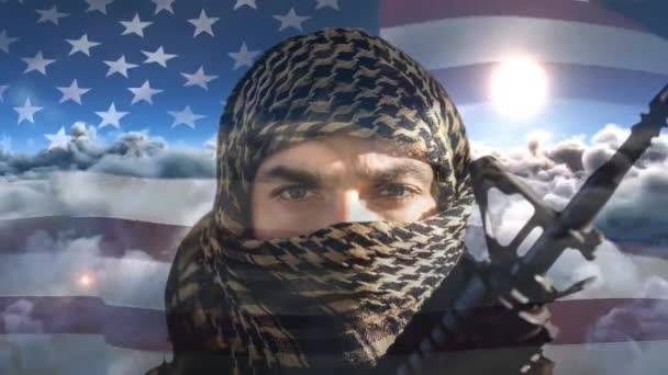 Digital Animation Terrorist Holding Rifle Swaying American Flag Clouds Moving — Stock Video