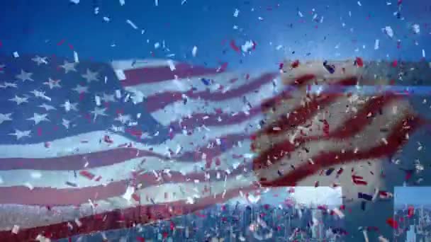 Digitale Animation Der Amerikanischen Flagge Die Wind Gegen Die Stadt — Stockvideo