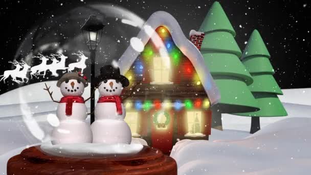 Niedliche Weihnachtsanimation Von Schneemannpaar Gegen Weihnachtsmann Schlitten Hintergrund Schnee Fällt — Stockvideo