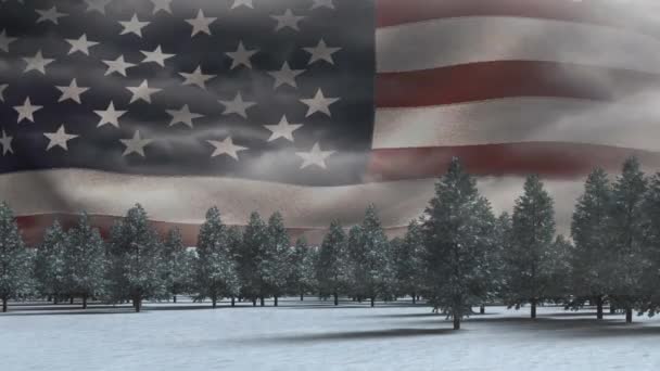 Digitale Animation Von Kiefern Wald Amerika Flagge Weht Vor Dunklem — Stockvideo