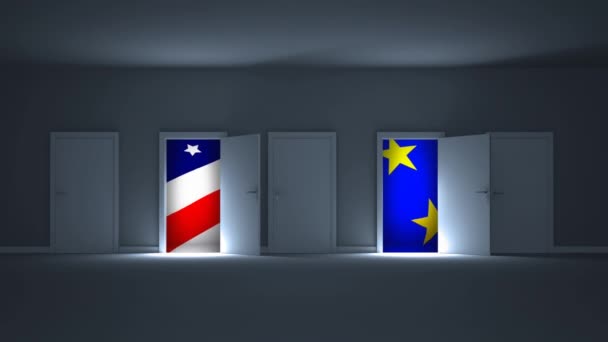 Комп Ютерної Анімації Показуючи Американськими Європейськими Прапор Через Відкриті Двері — стокове відео