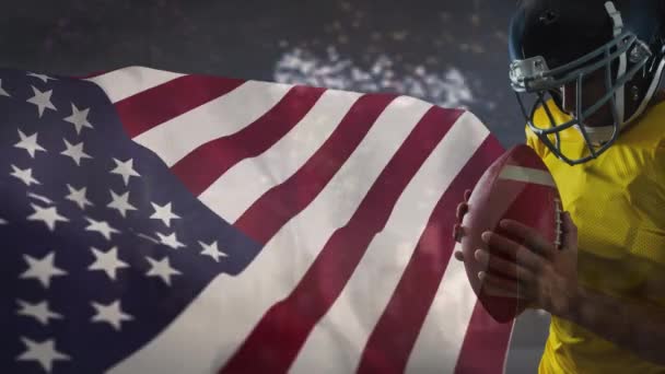 ラグビー ボールを保持しているラグビー選手のデジタル アニメーション 背景の空に花火 — ストック動画