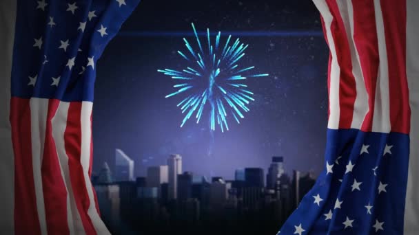 Digitální Animace Fireworks Obzoru Noci Americká Vlajka Jako Záclony — Stock video