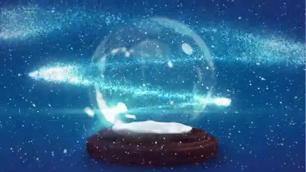 数字动画视频的蓝色闪光闪闪发光波在雪球上移动 雪落在蓝色背景之下 — 图库视频影像