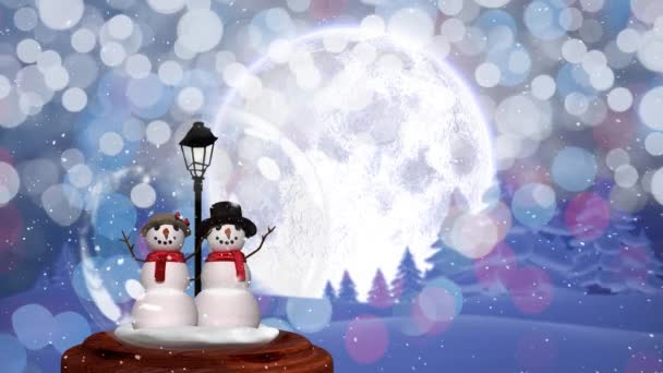 可爱的圣诞节动画雪人夫妇在神奇的森林 雪落在闪闪发光的紫色背景 — 图库视频影像
