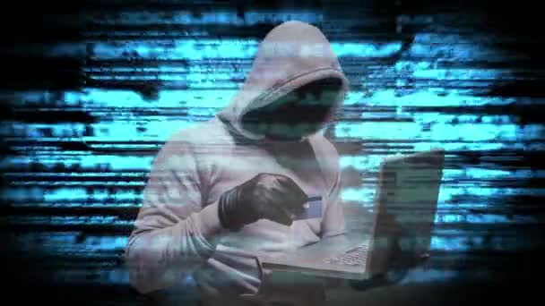 Digital Animering Hooded Hacker Använder Den Bärbara Datorn Digital Programmering — Stockvideo