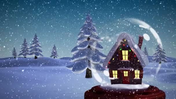 Weihnachtsanimation Der Beleuchteten Hütte Schnee Fällt Über Die Verschneite Landschaft — Stockvideo