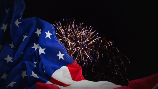 Animación Digital Fuegos Artificiales Horizonte Por Noche Bandera Americana Primer — Vídeos de Stock