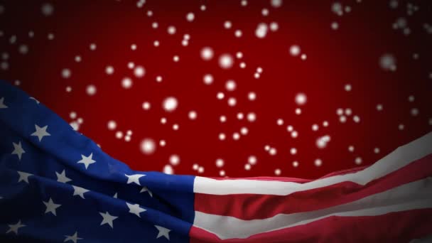 Animación Digital Bandera Americana Nieve Cayendo Fondo Rojo — Vídeos de Stock