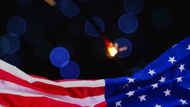 Digitális Animáció Csillagszóró Bokeh Háttér Amerikai Zászló Előtérben Pezsgő — Stock videók