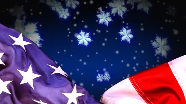 美国国旗和雪花的数字动画 雪落在背景 — 图库视频影像