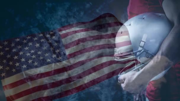 Animação Digital Jogador Rugby Segurando Capacete Balançando Bandeira Americana Fundo — Vídeo de Stock