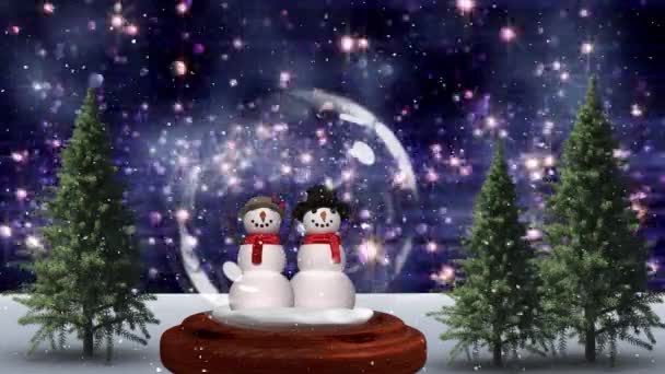 Linda Animación Navidad Pareja Muñeco Nieve Bosque Mágico Nieve Cae — Vídeos de Stock