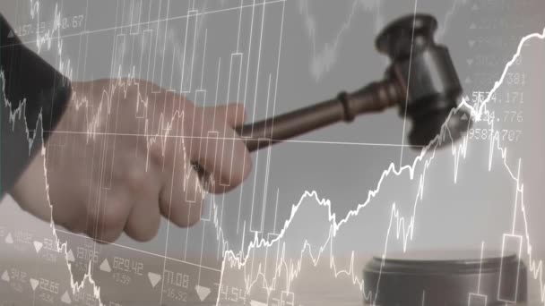 Conceptual Digital Animation Business Graph Financial Figures Screen Judges Gavel — Stock Video