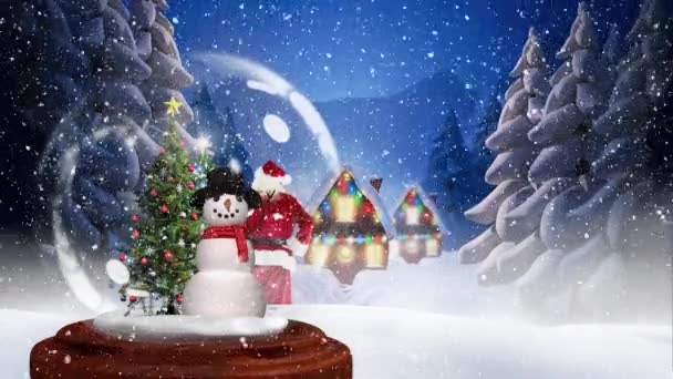 照らされた小屋とクリスマス ツリーのかわいいクリスマス アニメーション 照らされた小屋や木の上の雪 — ストック動画