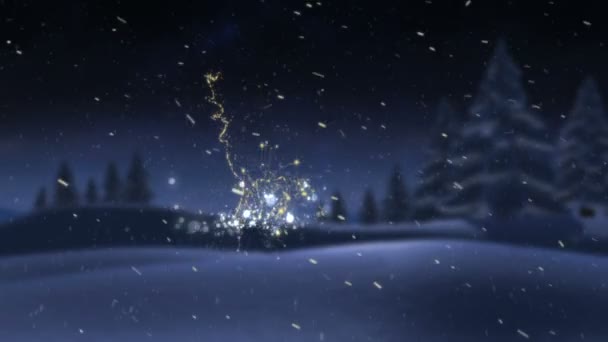 Rena Natal Ouro Brilhante Neve Contra Céu Noturno Sobre Floresta — Vídeo de Stock