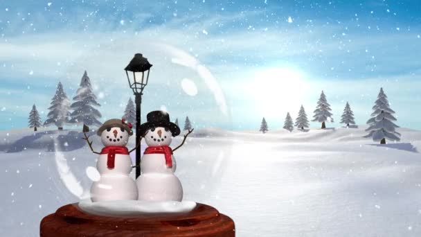 可爱的圣诞节动画雪人夫妇在神奇的森林 雪在森林的背景下飘落 — 图库视频影像
