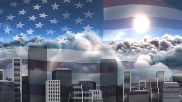 Digital Animation American Flag Swaying Wind Clouds Skyscrapers Foreground — Stock Video