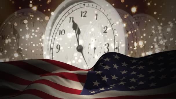 Цифровая Анимация Часов Тикающих Направлении Ночи Положил Американский Флаг Фейерверки — стоковое видео