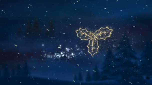 Brillante Diseño Acebo Navidad Nieve Contra Cielo Nocturno Sobre Bosque — Vídeos de Stock