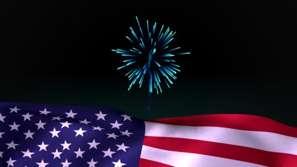 Комп Ютерної Анімації Феєрверк Горизонті Вночі Американський Прапор Передньому Плані — стокове відео