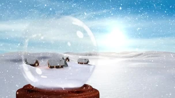Animación Digital Cabañas Iluminadas Contra Paisaje Nevado Nieve Cayendo Sobre — Vídeo de stock