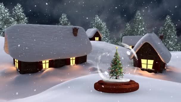 Animación Navideña Cabañas Iluminadas Árbol Navidad Bosque Mágico Por Noche — Vídeo de stock