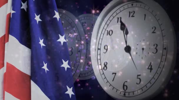 Digital Animation United States Flag Wall Clock Fireworks Background — Stock Video