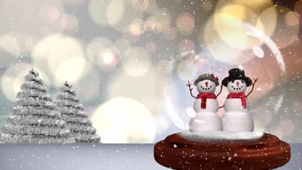 ボケ背景雪だるまカップルのかわいいクリスマス アニメーション 雪の世界に降る雪 — ストック動画