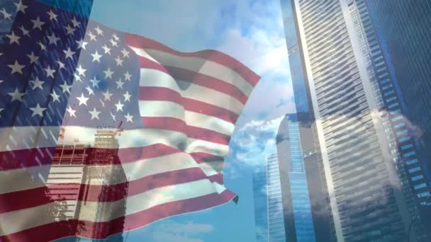 Cyfrowej Animacji Amerykańską Flagę Wietrze Przed Jasnym Świetle Słonecznym Drapacze — Wideo stockowe