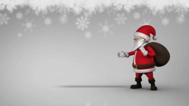 Kopya alanı için Noel mesajı büyülü kar tanesi tasarım gri arka plan karşı gösterilen sevimli Noel Baba animasyon