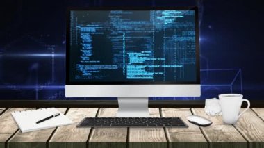 İkili kod teknoloji üstünde okul sırası bilgisayar ekranında. Mor ve mavi parlak iş grafik arka planda olduğu