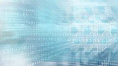 Dijital animasyon ikili teknoloji kodu ve geometrik küpleri. Mavi gökyüzünde bulutlar