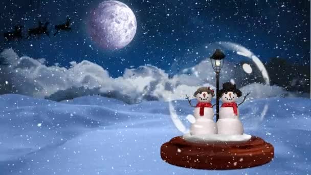 Dijital Animasyon Kar Küresi Kardan Adam Çiftin Karla Kaplı Peyzaj — Stok video