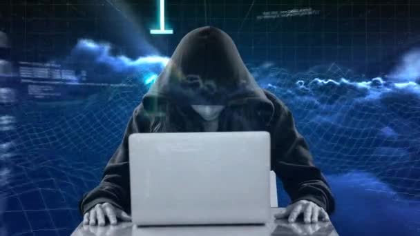 Digital Animation Hooded Hacker Using Laptop Binary Technology Code Moving — Stock Video