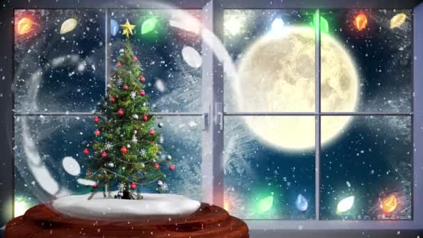 Linda Animación Navidad Del Árbol Navidad Cerca Ventana Por Noche — Vídeos de Stock