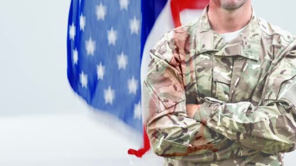 Animazione Digitale Soldato Dell Esercito Con Braccia Incrociate Bandiera Degli — Video Stock