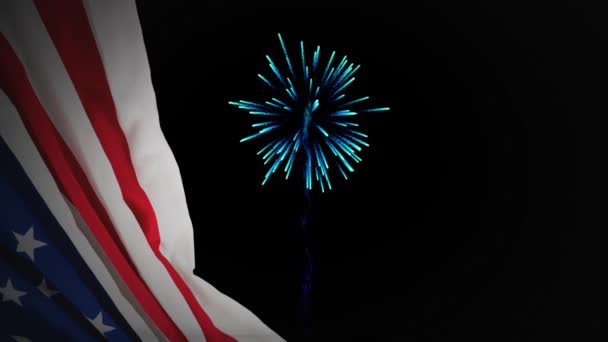 Digitális Animáció Skyline Fireworks Éjjel Amerikai Zászló Előtérben — Stock videók