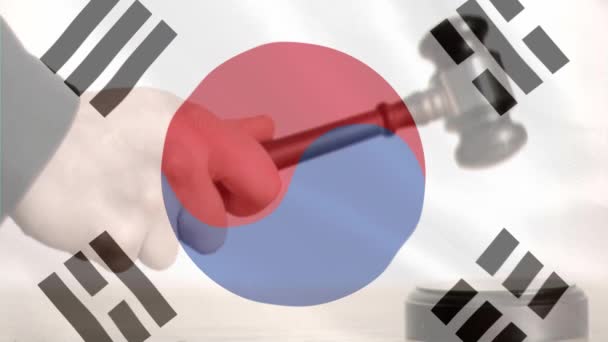 Digitální Animace Vlajka Jižní Korea Kladívkem Soudci Kladívkem Bouchání Proti — Stock video