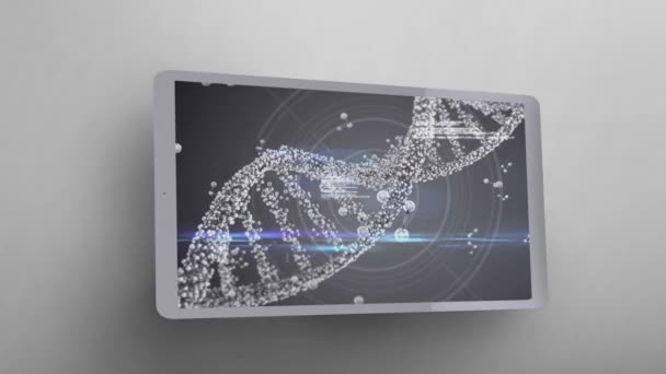 Dijital Tablet Ekranda Görüldüğü Dna Modeli Gri Arka Plan Üzerinde — Stok video