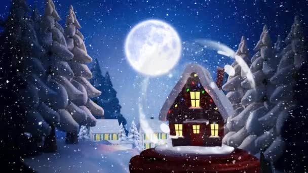 Leuke Kerst Animatie Van Verlichte Hut Maan Sneeuw Vallen Het — Stockvideo