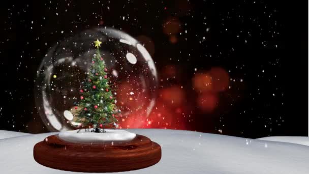 Animación Navideña Del Árbol Navidad Bola Nieve Nieve Está Cayendo — Vídeos de Stock