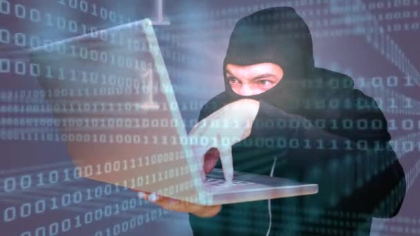 Animação Digital Hackers Hackear Laptop Tecnologia Código Binário Fundo Azul — Vídeo de Stock
