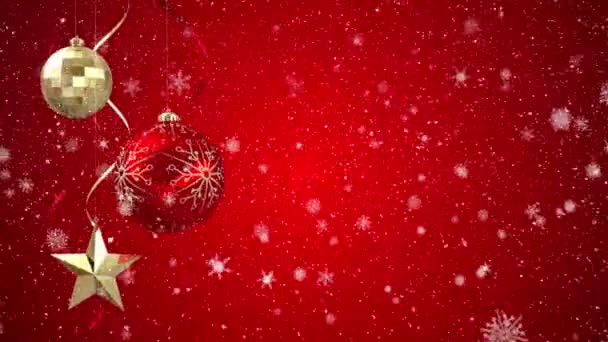 크리스마스 장신구의 디지털 애니메이션입니다 빨간색 배경에 떨어지는 눈송이 — 비디오